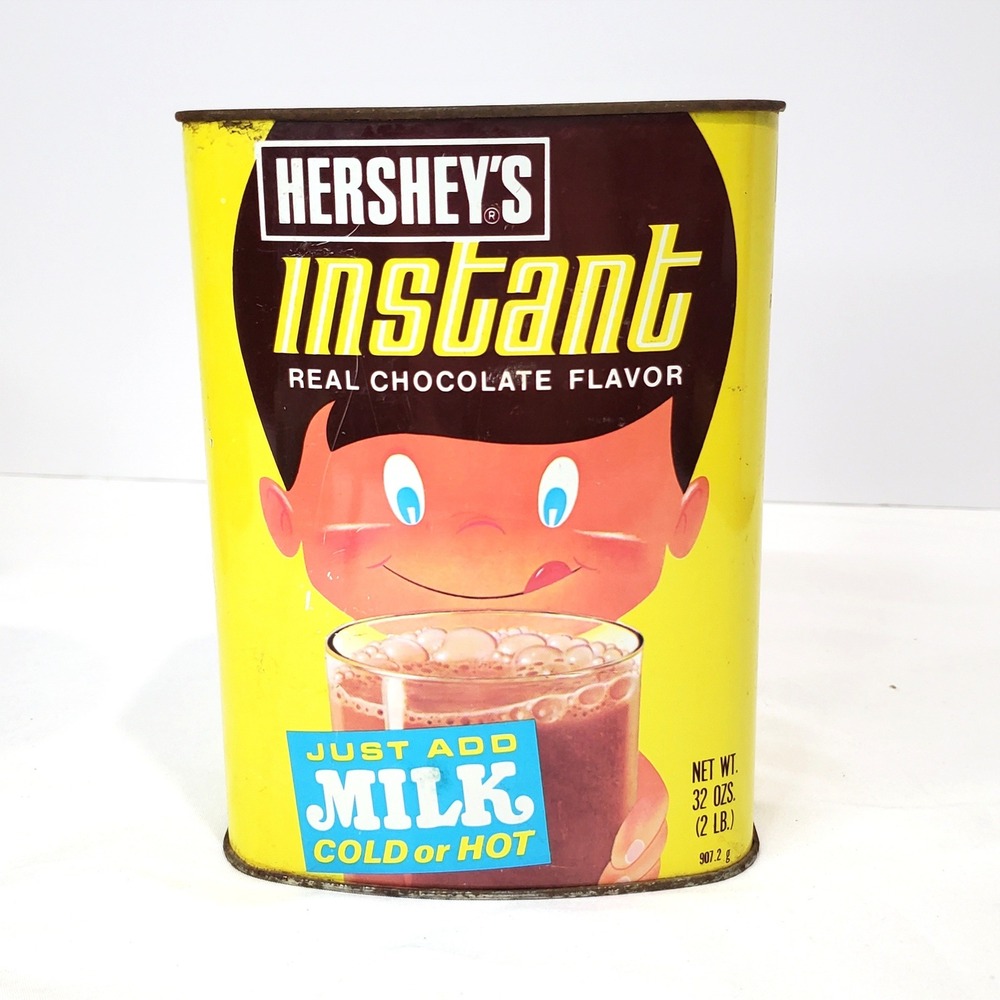 Vintage Hershey's Instant Chocolate Tin 32 oz History of Cocoa Graphics Yellow